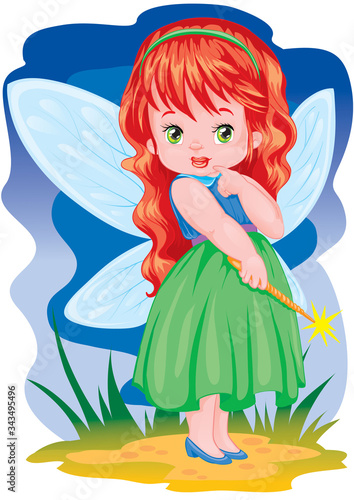 cute fairy with wings, in a green dress with red hair, with a wand, vector illustration,