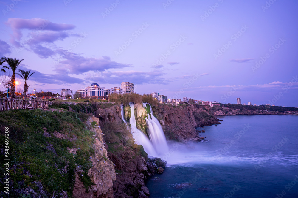 Naklejka premium The beautiful sunset scene of Duden waterfall at Antalya, Turkey