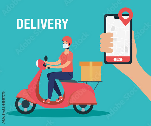 delivery worker using face mask in motorcycle with smartphone