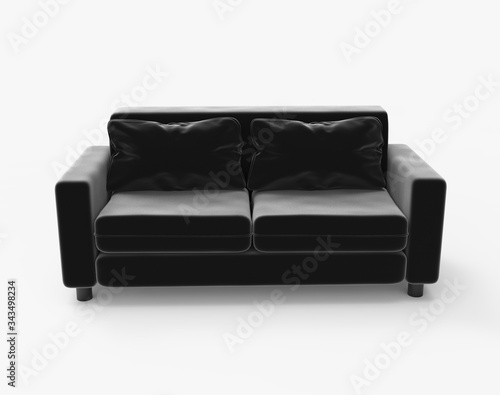 Black velvet double sofa. Isolated on white. Clipping path. 3D Rendering.