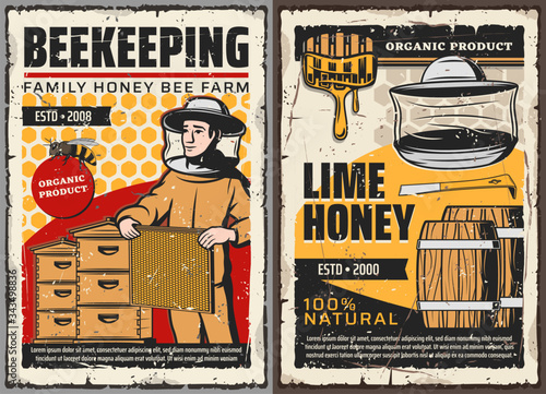 Honey and beekeeping farm, vector retro vintage posters. Family organic agriculture, beekeeper with honeycomb at apiary taking lime honey from beehives, wooden barrels and honey splash drops
