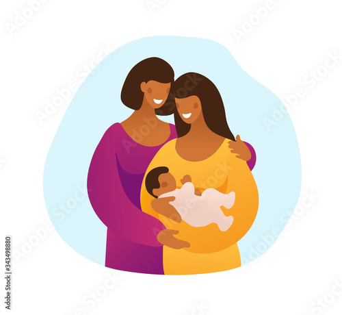 Lgbt couple with a child, two black mothers with a child. Young mother with a newborn baby and her mother. Flat vector illustration