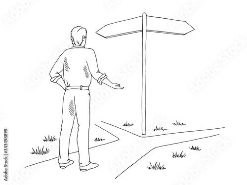 Man makes a choice, standing at a crossroads graphic black white sketch illustration vector