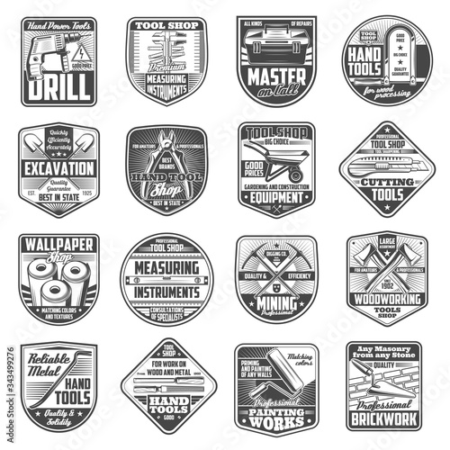 Construction work tools, house repair, carpentry, woodwork and masonry instruments shop, vector icons. Handyman building equipment, excavation and mining tools, hammer, saw, spade and wheelbarrow