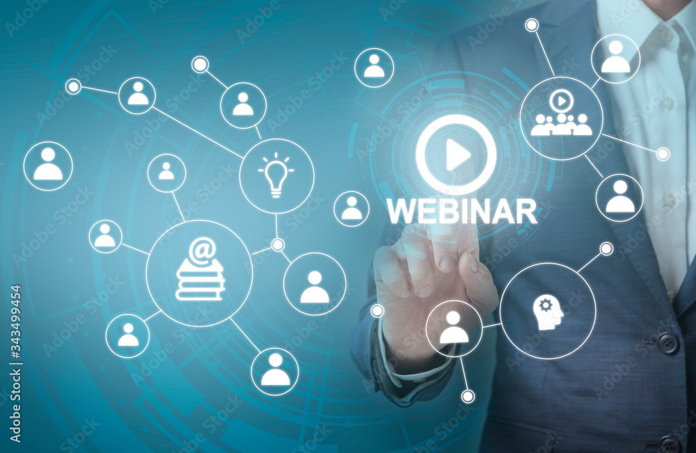 Collage with glowing educational network icons and businessman pushing word WEBINAR on transparent screen Collage with glowing educational network icons and businessman pushing word WEBINAR on transparent screen
