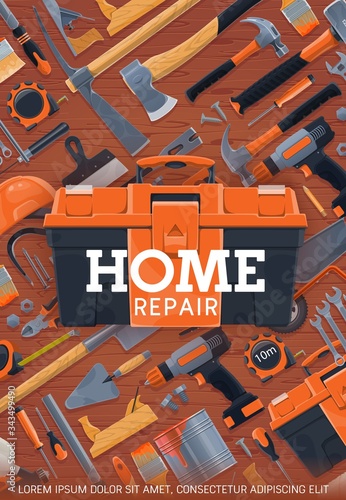 Construction, home repair and house remodeling work tools, vector poster. Carpentry woodwork and masonry building tools instruments, handyman equipment grinder plane, drill and ruler, trowel and paint