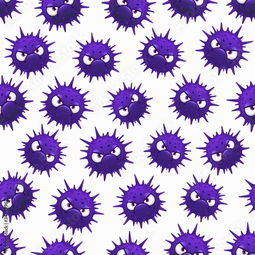 Virus seamless pattern, cartoon microbes on white background. Germs and corona virus rna covid 19 barbed purple cells with angry faces and eyes. Coronavirus pandemic, Covid19 germs or flu bacteria