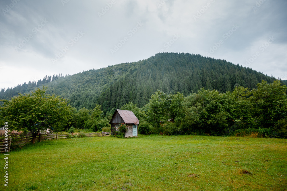 Old abandoned cabin in the mountains. Carpathian mountains.