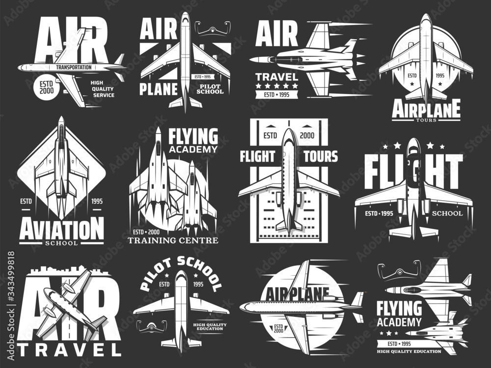 Aviation, air travel and airplane vector icons. Flight tours and aircraft pilot school badge, military aviation and air transport academy, flying training center and airlines passenger service company