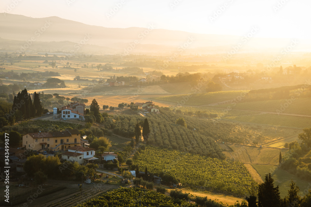 Panoramic view of Tuscan hilly landscape at dawn