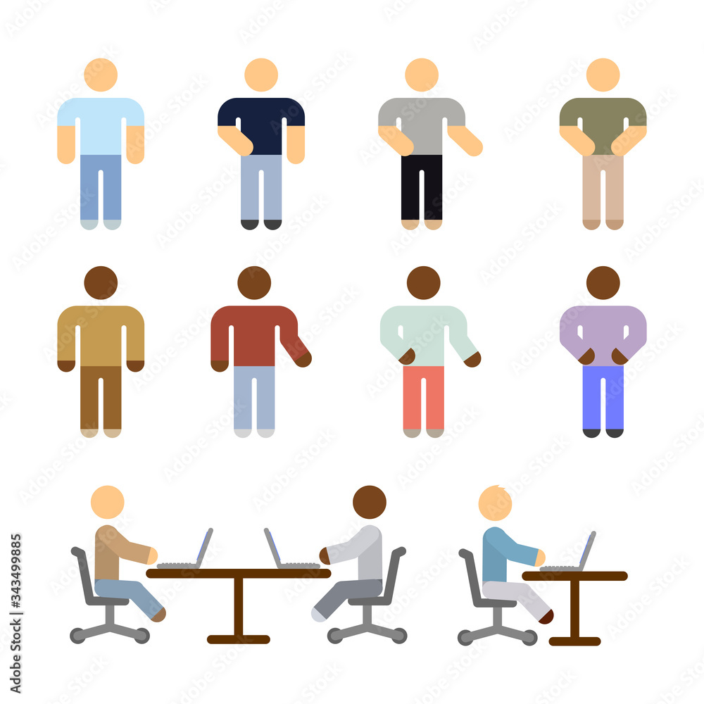 Simple images of people in different poses with different movements of hands sitting at a table with laptops. Office staff working together. Isolated vector on a white background. Simple images of people in different poses with different movements of hands sitting at a table with laptops. Office staff working together. Isolated vector on a white background.