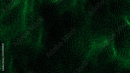 Wave of particles. Abstract background with a dynamic wave. Big data. Futuristic green vector illustration.