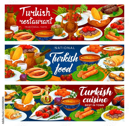 Turkish cuisine banners, Turkey national food restaurant vector menu. Authentic Turkish traditional meal dishes, iskender and shish kebab meat, lamb kofte, fatty mussels in batter and lentil soup