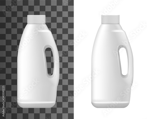 Liquid laundry detergent and fabric softener, vector realistic 3d white plastic bottle with cap lid. Washing machine bleach and laundry liquid soap package mockup template