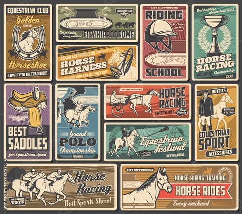 Obraz na płótnie Horse races, jockey polo and equestrian sport championship cup, vector vintage posters