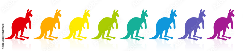 Rainbow colored kangaroos, colorful parade, rainbow spectrum. Funny comic illustration on white background.
