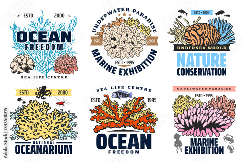 Oceanarium, undersea aquarium and tropical fishes exhibition, vector icons. Ocean underwater world and marine fauna, coral reef and animals conservation, sea life center signs