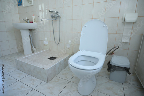 Toilet of maternity department  seat  bowl  lavatory  washbasin  paper box