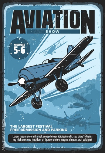 Aviation show, military airplane professional pilot flights festival, vector vintage retro poster. Civil aviation, military airforce and aviator custom propeller airplane, patriotic day show