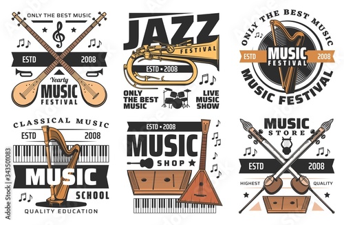 Jazz music fest and live musical festival show, vector icons. Folk and classic orchestra and concert musical instruments store or shop signs, percussion drums, harp and balalaika, piano and trombone