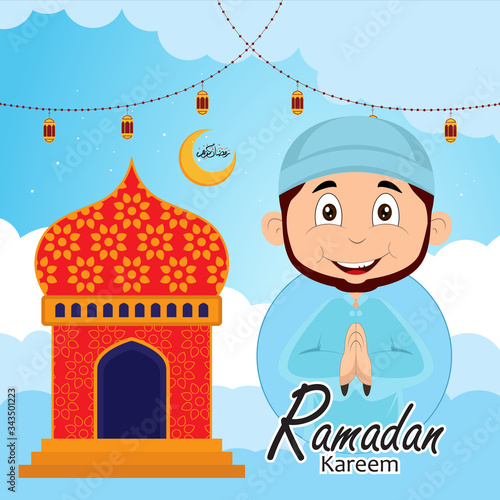 ramadan greeting card design with ramadan kareem cartoon character. Translated: Happy & Holy Ramadan. Month of fasting for Muslims. Arabic Calligraphy.