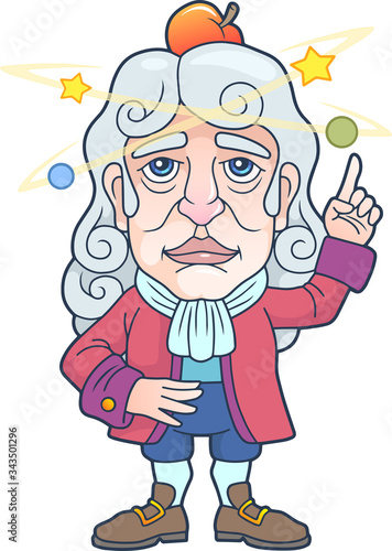 cartoon brilliant scientist physicist Isaac Newton, funny illustration