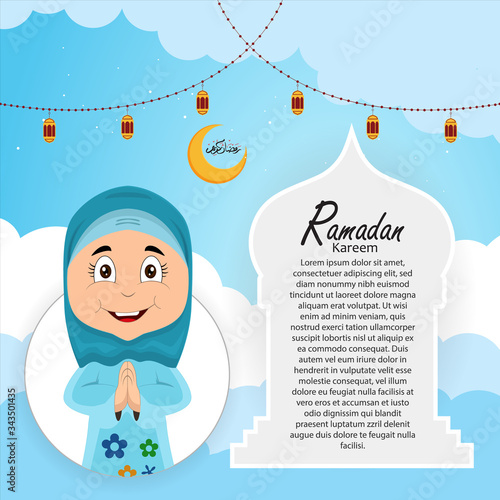 ramadan greeting card design with ramadan kareem cartoon character. Translated: Happy & Holy Ramadan. Month of fasting for Muslims. Arabic Calligraphy.