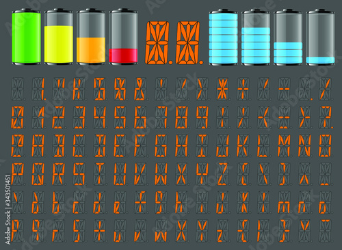 Vector transparent battery indicator and 16 segment indicator with set of all symbols