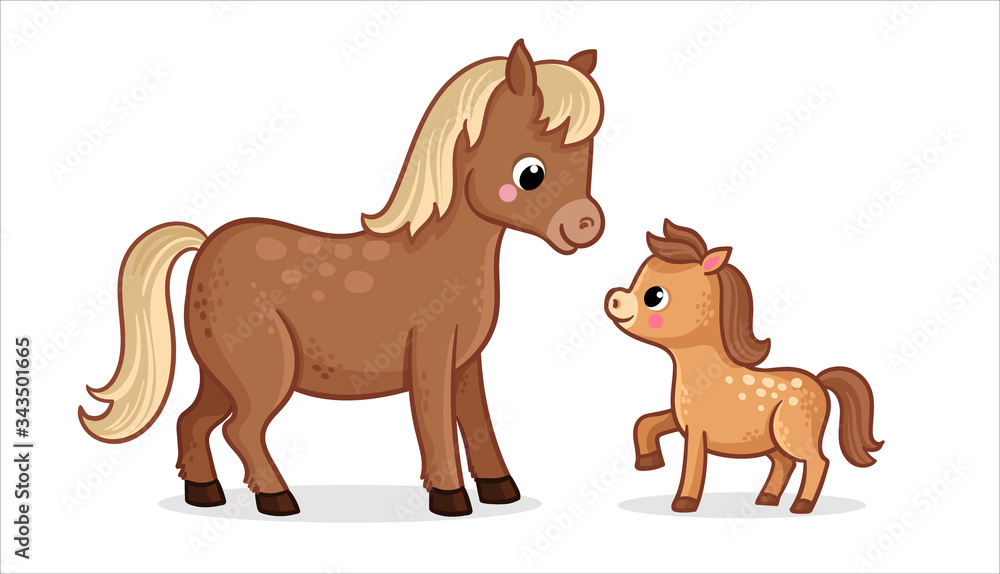 Cute horse with foal on a white background in cartoon style. Vector  illustration. Stock Vector | Adobe Stock