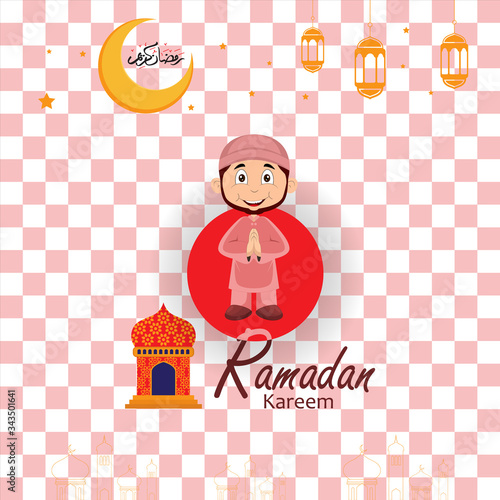 ramadan greeting card design with ramadan kareem cartoon character. Translated: Happy & Holy Ramadan. Month of fasting for Muslims. Arabic Calligraphy.