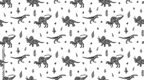 Fototapeta Naklejka Na Ścianę i Meble -  Hand drawn grunge seamless pattern with dinosaurs, horsetails and dinosaur eggs. Black and white dino vector background, fashion print for textile or decorations for kids