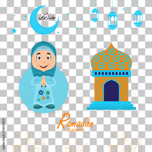 ramadan greeting card design with ramadan kareem cartoon character. Translated: Happy & Holy Ramadan. Month of fasting for Muslims. Arabic Calligraphy.