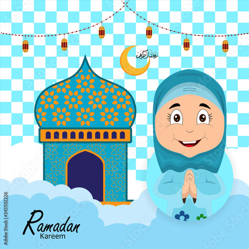 ramadan greeting card design with ramadan kareem cartoon character. Translated: Happy & Holy Ramadan. Month of fasting for Muslims. Arabic Calligraphy.