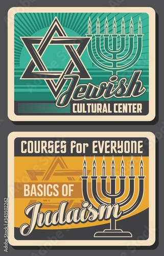 Jewish religion and culture, vector retro vintage posters, Judaism cultural center and Hebrew courses. Torah teaching and synagogue rabbi traditions, Davis Star Magen and Hanukkah menorah candlestick