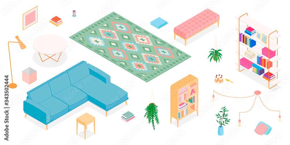 Set of isometric furniture and accessories. Vector collection. Illustration in flat design.
