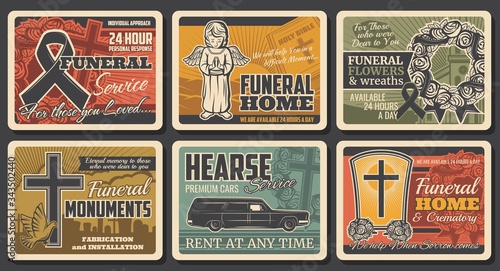 Funeral service, hearse catafalque car rental and tomb monuments fabrication, vector vintage posters. Funeral flowers wreath, RIP ribbons and cremation columbarium urns shop