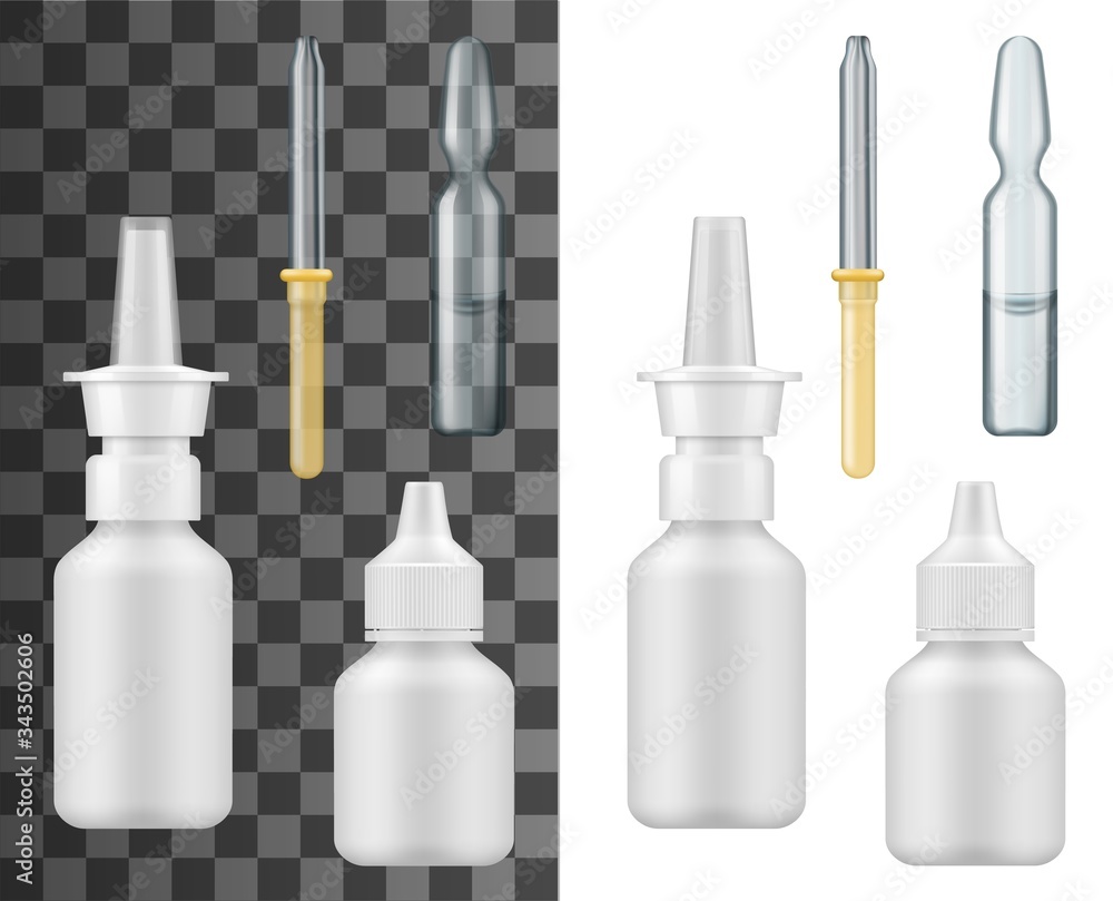 Nasal spray bottle, eyedropper and medicine ampoule, vector realistic 3D mockups. Medical injection or vaccine glass ampule, eye and nose treatment dropper and spray with nozzle Nasal spray bottle, eyedropper and medicine ampoule, vector realistic 3D mockups. Medical injection or vaccine glass ampule, eye and nose treatment dropper and spray with nozzle
