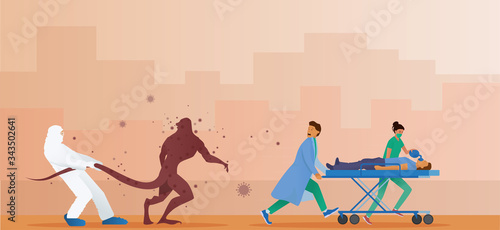 A medical team carries a patient with shortness of breath on a gurney. The medical team saves a person from the coronavirus. Covid-19 pursues people in the guise of a monster surrounded by Bacteriums.