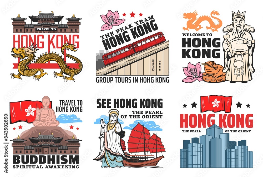 Fototapeta premium Hong Kong travel landmarks, culture and history city sightseeing tours, tourism agency vector icons. Welcome to Hong Kong, Buddhist temples and pagodas, peak tram and red sails boat on river