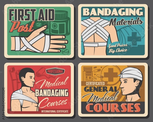 Trauma first aid and bandaging, medical assistance and traumatology clinic emergency ward, vector vintage posters. First aid medical courses, accident injury fracture bandaging, body wound treatment