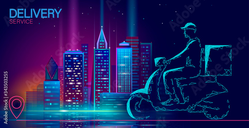 Scooter city delivery box. Walk road neon lights food shipping mobile app order. Package quarantine thermal bag backpack dinner meal. Fast delivery concept vector illustration