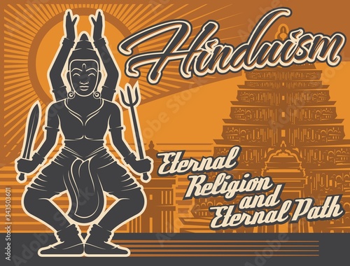 Hinduism religion, vector vintage poster, Shiva deity god and Hindu temple shrines. Hinduism religious culture, dharma teaching and mediation, spiritual awakening and mind enlightenment philosophy