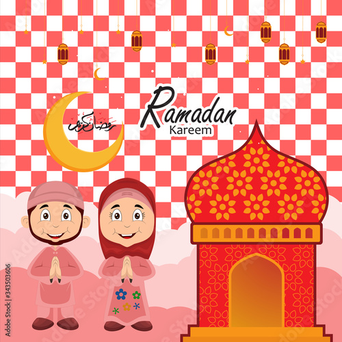 ramadan greeting card design with ramadan kareem cartoon character. Translated: Happy & Holy Ramadan. Month of fasting for Muslims. Arabic Calligraphy.