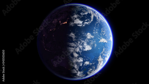 The Earth Space Planet 3D illustration background. City lights on planet. elements from NASA © bluebackimage