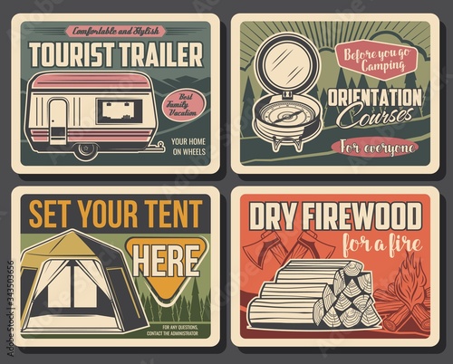 Camping vector vintage posters, summer outdoor adventure. Forest camping tents place sign and tourist trailers rental, dry firewood, mountain expedition and hiking travel orientation courses