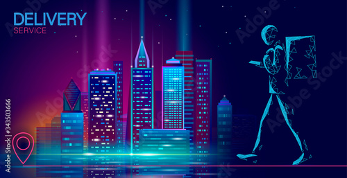 Walking city delivery box. Walk road neon lights food shipping mobile app order. Package quarantine thermal bag backpack dinner meal. Fast delivery concept vector illustration