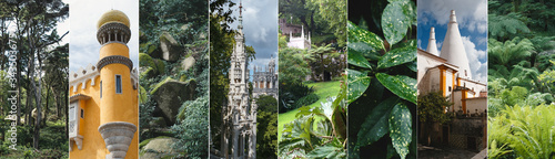 Sintra travel images, summer photo collage with landmarks and sightseings. Pena palace with green park, fresh tropical plants and greenery, National palace of Sintra, Quinta da Regaleira.