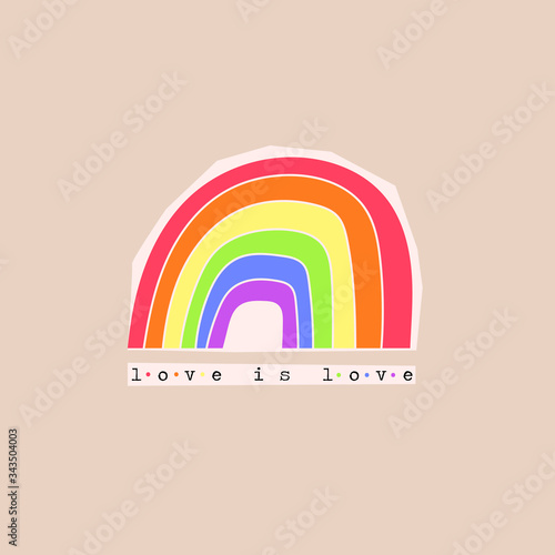 Love is love. Pride community concept. Colorful Rainbow. Hand drawn trendy Vector illustration. Pre- made sticker. Cartoon style. Flat design. Isolated on beige background