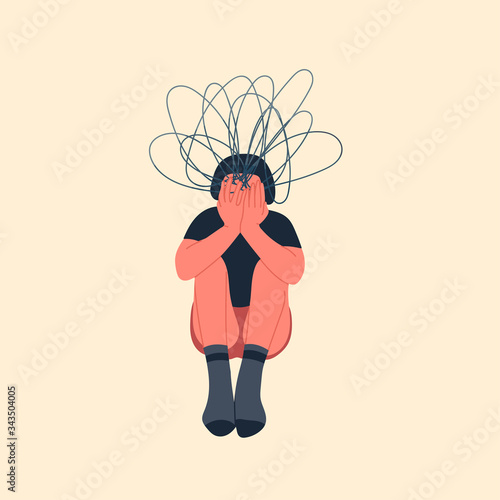 Person with confused minds. Mental health or disorder concept. Illness, phobia, impairment, psychiatric or psychological problem. Cartoon style. Flat design. Hand drawn colored Vector illustration