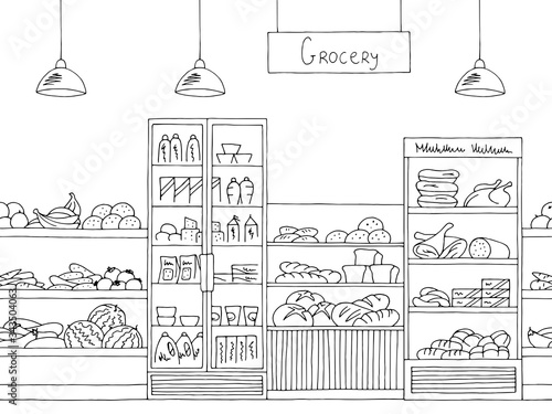 Grocery store shop interior black white graphic sketch seamless pattern illustration vector